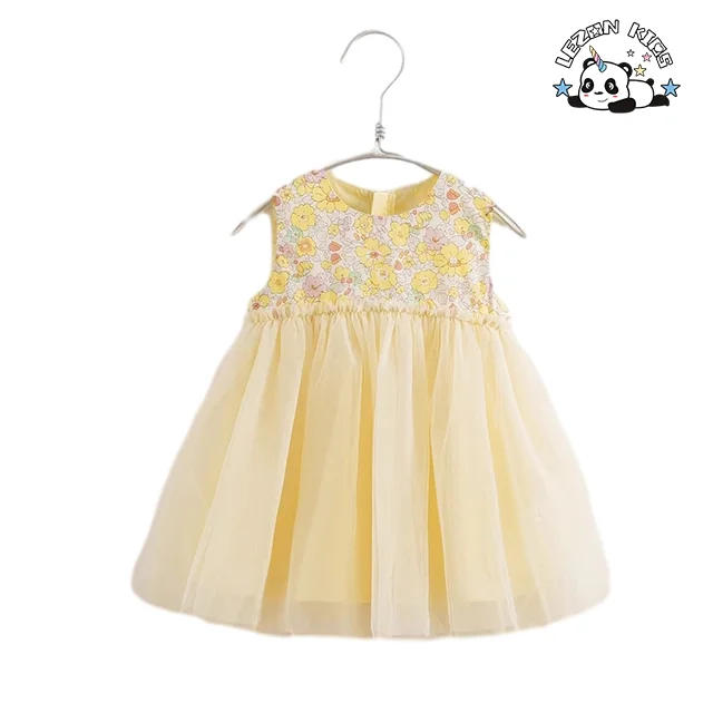 LEZONKIDS - Vestido de princesa de tule personalizável por atacado para meninas pequenas, sem mangas, estampado com flores para crianças de 2 a 14 anos